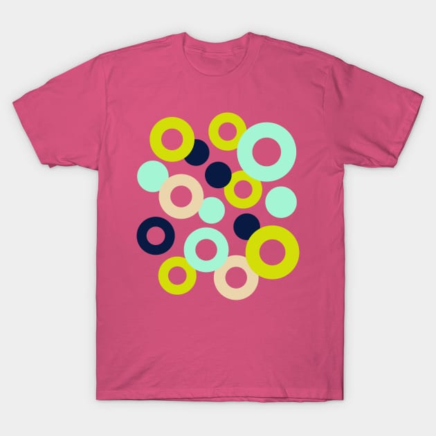 DROPS Polka Dots Rings Geometric Mid-Century Abstract in Retro Midnight Blue Green Mint Cream Fuchsia Hot Pink - UnBlink Studio by Jackie Tahara T-Shirt by UnBlink Studio by Jackie Tahara